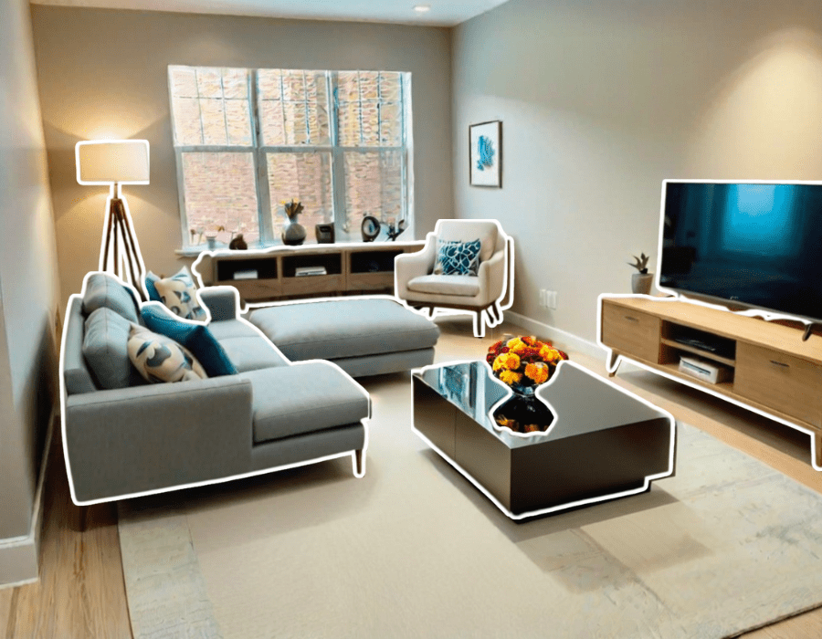 Interior design room showcasing furniture search and placement functionality